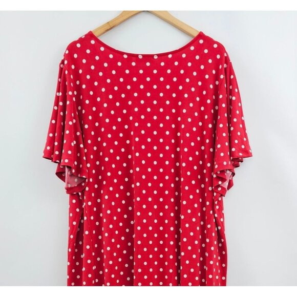 Susan Graver Maxi Dress 3X Red White Polka Dot Liquid Knit V-Neck Flutter Sleeve - Picture 6 of 7